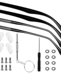 Premium Eyeglasses Repair Kit Including Two Pairs Of Replacement Arms And Legs With Non Slip Silicone Ear Tips Nose Pads Plus Full Hardware Set For No Sweat Fixes That Stay Hella Secure, featuring black temple arms, ear tips, screws, and a screwdriver.