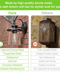 Comparison of black outdoor wall lantern with clear glass shade vs brown frosted lantern. "Outdoor Wall Lantern Waterproof Exterior Light Fixture With Clear Glass Shade For Front Porch And Door Modern Farmhouse Style Sconce In Oil Rubbed Bronze That Delivers Classic Look And Weatherproof Durability Built To Last" product showcased on the left.