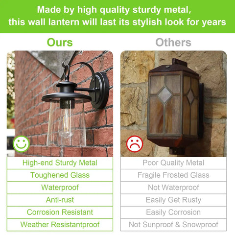 Comparison of black outdoor wall lantern with clear glass shade vs brown frosted lantern. "Outdoor Wall Lantern Waterproof Exterior Light Fixture With Clear Glass Shade For Front Porch And Door Modern Farmhouse Style Sconce In Oil Rubbed Bronze That Delivers Classic Look And Weatherproof Durability Built To Last" product showcased on the left.