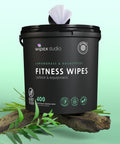 Plant Based Gym Wipes For Fitness Equipment Clean And Sanitize With Lemongrass And Eucalyptus Vinegar EWG Verified in black container