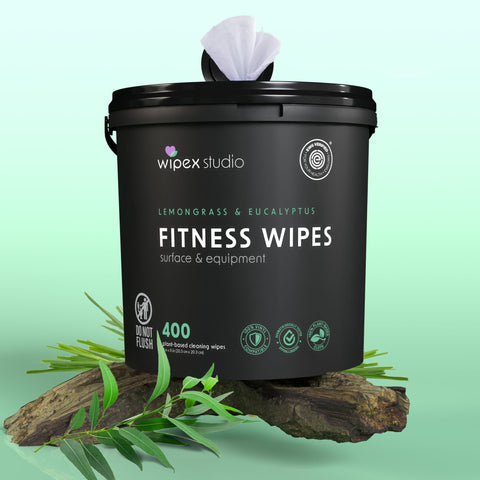 Plant Based Gym Wipes For Fitness Equipment Clean And Sanitize With Lemongrass And Eucalyptus Vinegar EWG Verified in black container