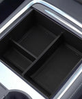 Custom Fit Center Console Organizer Tray For Tesla Cybertruck 2024 Plus with black ABS plastic dividers in armrest bin.