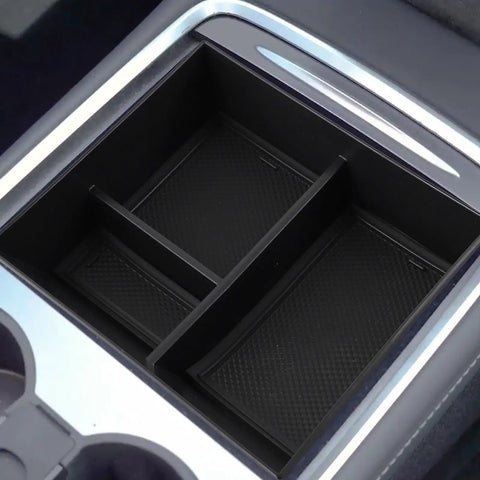 Custom Fit Center Console Organizer Tray For Tesla Cybertruck 2024 Plus with black ABS plastic dividers in armrest bin.