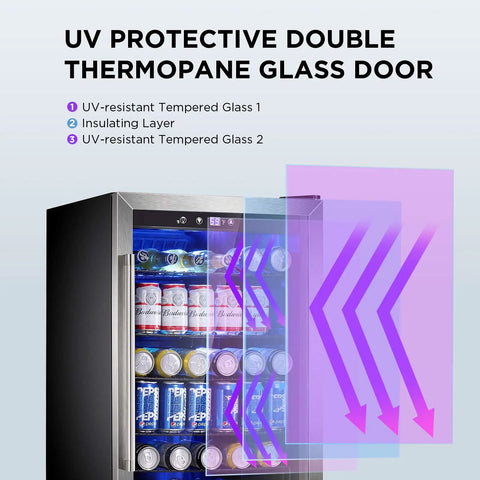 37 Bottle Freestanding Wine Cooler With Stainless Steel Reversible Glass Door And Quiet Compressor, UV-protective door feature