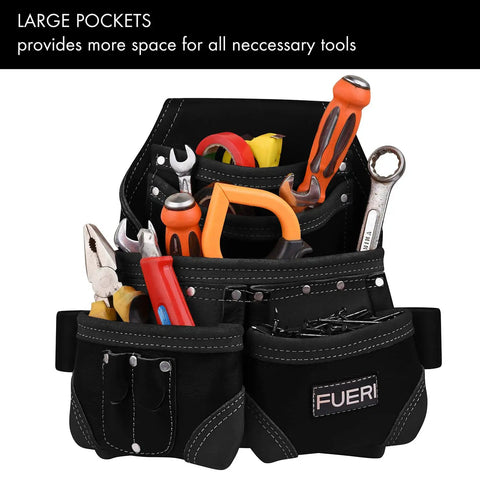Premium Full Grain Leather Tools Pouch Belt Organizer With Five Pockets For Carpenters And Electricians filled with tools