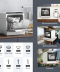 Compact Mini Wifi Smart Countertop Dishwasher With 5L Built In Water Tank And Six Wash Programs in a modern kitchen setup.