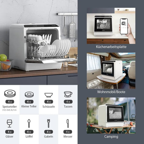 Compact Mini Wifi Smart Countertop Dishwasher With 5L Built In Water Tank And Six Wash Programs in a modern kitchen setup.