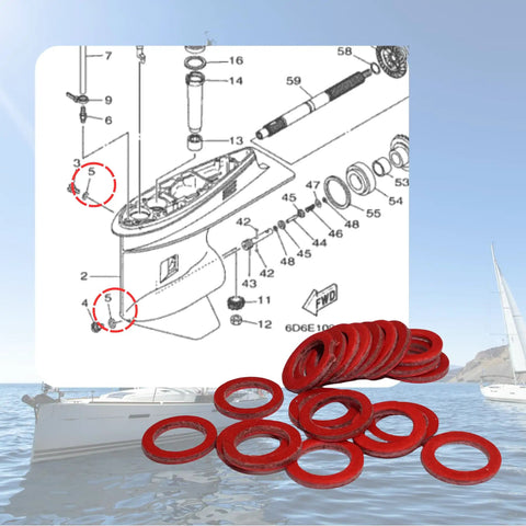 Lower Unit Oil Drain Plug Gasket Seal For Yamaha Outboard Gearcase 2 Stroke And 4 Stroke Motors Replacement For 90430-08003-00 shown with diagram and boat