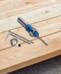 Pro Grade Adjustable Wood Countersink Drill Bit With Tungsten Steel Depth Limiter, includes hex key and components on wood surface.