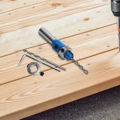 Pro Grade Adjustable Wood Countersink Drill Bit With Tungsten Steel Depth Limiter, includes hex key and components on wood surface.