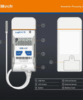 Elitech LogEt 8 TE USB temperature data logger, front view; LCD, USB port, Start/Stop buttons, external sensor