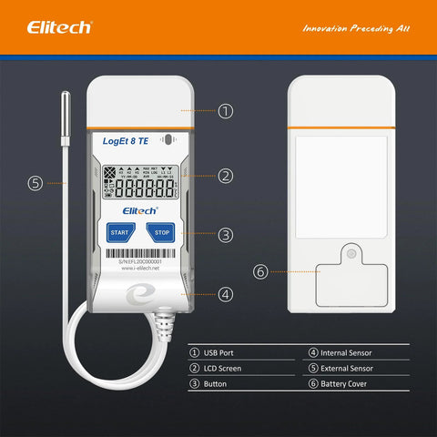 Elitech LogEt 8 TE USB temperature data logger, front view; LCD, USB port, Start/Stop buttons, external sensor