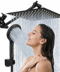 Woman enjoying Rainfall Shower Head And Handheld Combo With 11 Inch Extension Arm In Matte Black, showcasing dual shower use