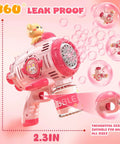 Cute Pink Bear Automatic Bubble Gun For Girls Ages 3 4 5 6 7 8 With Music And Mover Maker Blower Machine showing 360° leak proof design and bubbles.