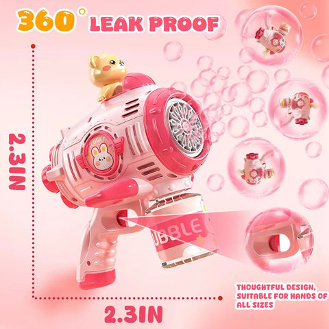 Cute Pink Bear Automatic Bubble Gun For Girls Ages 3 4 5 6 7 8 With Music And Mover Maker Blower Machine showing 360° leak proof design and bubbles.