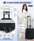 Underseat Carry On Luggage With Wheels 16-Inch Softside Rolling Bag Airline Approved Lightweight Durable Overnight Travel Bag For Women And Men Black Go-To Everyday Use with woman showing height comparison and features