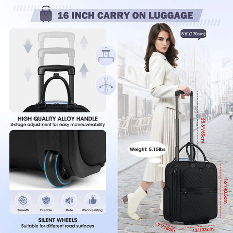 Underseat Carry On Luggage With Wheels 16-Inch Softside Rolling Bag Airline Approved Lightweight Durable Overnight Travel Bag For Women And Men Black Go-To Everyday Use with woman showing height comparison and features