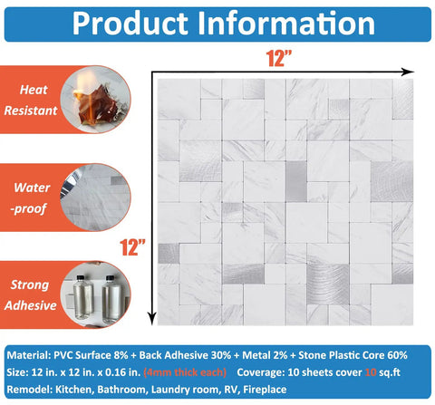 Self Adhesive Stainless Steel Tile Backsplash Kit With 10 Sheets Of 12 By 12 Inch Metal Tiles product information chart