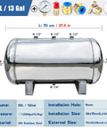 Stainless Steel Air Tank With Half Inch Inlet Fitting For High Pressure Storage, 13 Gallon, 304 Stainless Steel, Electrostatic Coating