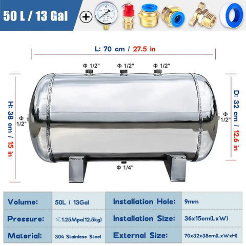 Stainless Steel Air Tank With Half Inch Inlet Fitting For High Pressure Storage, 13 Gallon, 304 Stainless Steel, Electrostatic Coating