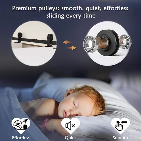 Premium pulleys for quiet, smooth operation used in 60 By 96 Inch Preassembled Three Lite Frosted Glass Bifold Barn Door
