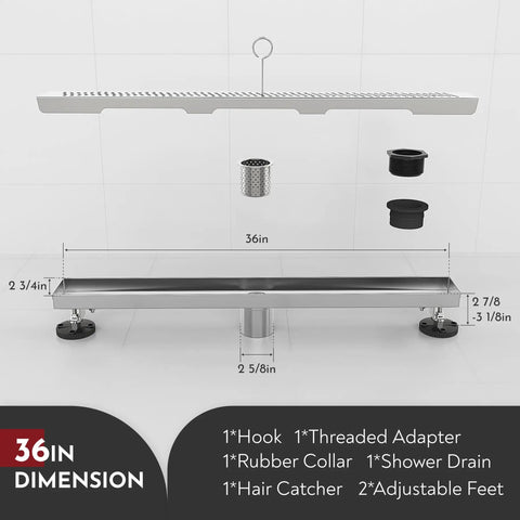 36 Inch Linear Shower Drain With Wave Hole Pattern Grate Cover Rectangular Floor Drain Removable SUS304 Stainless Steel CUPC Certified Brushed Finish Easy Install Powerful Clog Prevention with dimensions and parts visible.