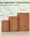 Three-piece Bamboo Cutting Board Set with Deep Juice Grooves and Built-In Handles in sizes 15x10, 12x8, and 9x6 inches.