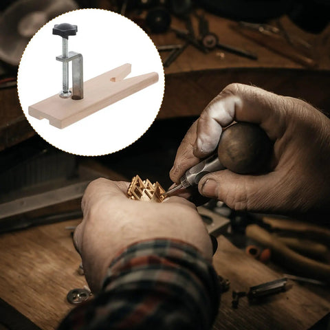 Two Pack Adjustable Desk Mounting Clamps For Jewelry Making And Woodworking, shown with hands crafting jewelry on a workbench