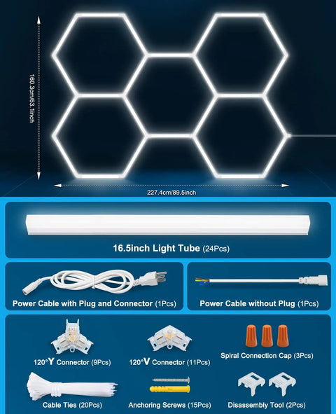 Six Sided LED Garage Light With Five Grid Panels Hella Bright 26520 Lumens Natural White 6500K components and dimensions