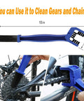 Bicycle gear and chain being cleaned with 10 Piece Bicycle Cleaning Kit With Chain Cleaner, Chain Brush, Tire Cleaner, Detail Brush.