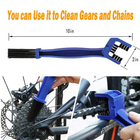 Bicycle gear and chain being cleaned with 10 Piece Bicycle Cleaning Kit With Chain Cleaner, Chain Brush, Tire Cleaner, Detail Brush.