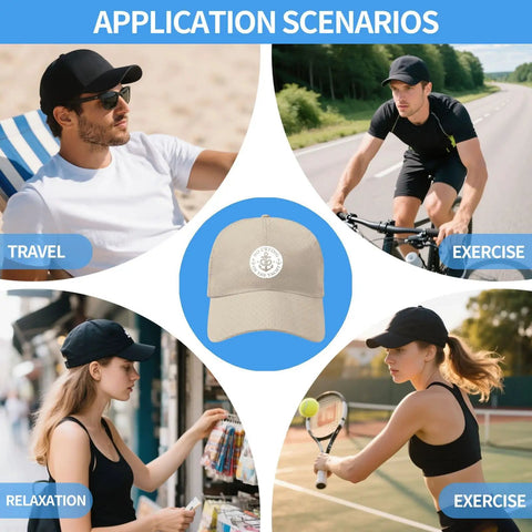 No Crying On The Yacht Unisex Adjustable Hat For All Seasons displayed with use scenarios: travel, exercise, relaxation.