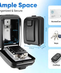 Wall Mount Key Lock Box With 12 Digit Resettable Code Weatherproof Outdoor Key Safe For Home Office Garage Real Estate Large Capacity Built Tough Metal Code Lock With Mounting Hardware open showing interior dimensions and items it can hold