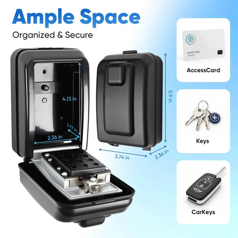 Wall Mount Key Lock Box With 12 Digit Resettable Code Weatherproof Outdoor Key Safe For Home Office Garage Real Estate Large Capacity Built Tough Metal Code Lock With Mounting Hardware open showing interior dimensions and items it can hold