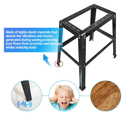 Universal Heavy Duty Power Tool Stand for Drill Press Belt Sander Bench Grinder Band Saw Scroll Saw and Planer Miter Saw with 32 Inch Working Height 18 by 27 Inch Storage Shelf Top to 20 by 25 Inch 600 Pound Load Rating Adjustable Feet Must Have, featuring black metal frame with anti-vibration feet and hardwood floor.