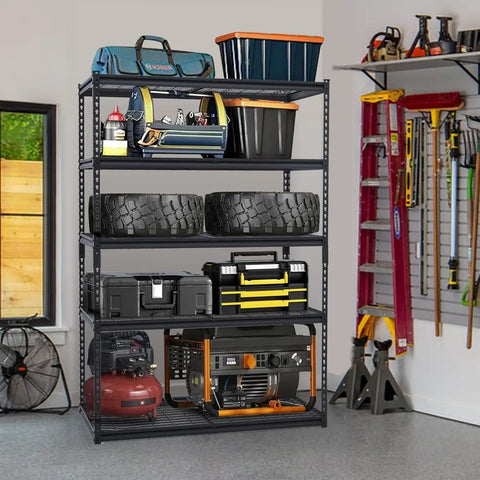 Beefy 5 Tier Garage Shelving Unit With 2500 Lbs Capacity, Heavy Duty Metal Storage Racks For Garage Basement And Workshop, 48 Inch L By 24 Inch D By 72 Inch H, Adjustable Utility Shelving For Maximum Organization, black metal rack with tools