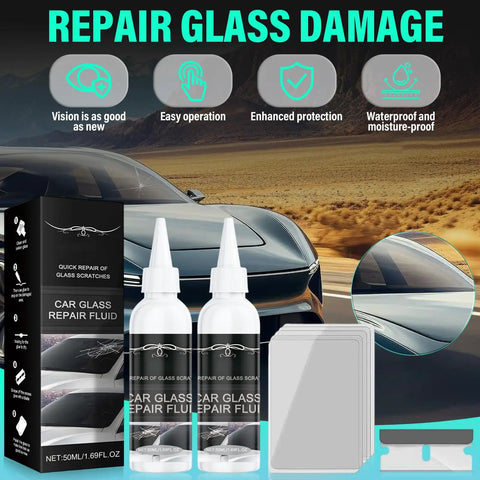 2 Pack Windshield Crack Repair Kit With 2026 Upgraded Glass Repair Fluid, shown with bottles, scraper and glass pads.