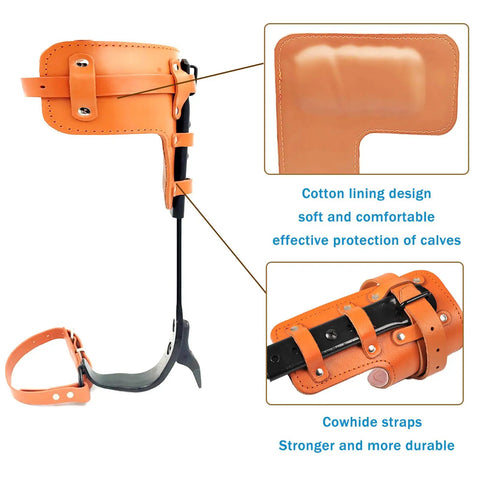 Close-up of Pro Grade Tree Climbing Spikes Set With Adjustable 16 To 18 Inch Height showing cotton lining and cowhide straps.