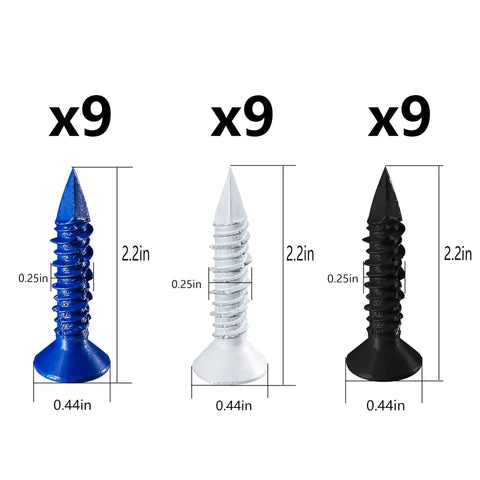 75 Piece 1/4 Inch Concrete Screw Anchor Kit With Blue Black White Flat Head Screws For Masonry Block Brick And Stucco Includes Seven 1-1/4 Inch Color Screws And Nine 1-3/4 Inch Color Screws In Blue Black White, featuring close-up of blue, white, and black screws with measurements.