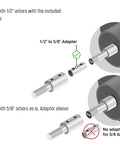 Heavy Duty Bench Grinder Extension Adapter shows 1/2" and 5/8" arbor compatibility with included adapter sleeve.
