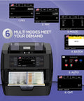 Image of Ultra Fast Money Counter Machine With 1500 Bills Per Minute, Mixed Denominations, displaying multi-mode operations and currency options.