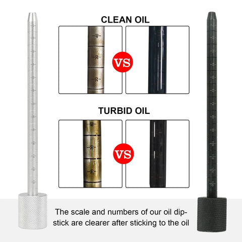 Comparison of Chrysler Transmission Dipstick For 6F24 And 948TE Auto Transmissions in clean and turbid oil conditions.