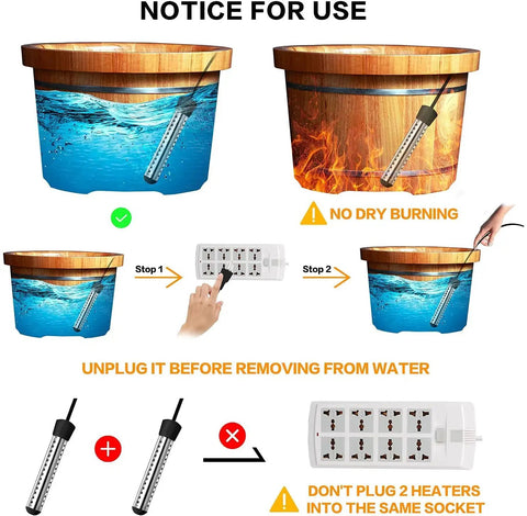 Notice for use diagram with Quick Heating Portable Immersion Water Heater With Stainless Steel Guard For Indoor And Outdoor Use.