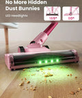 Cordless Stick Vacuum Cleaner With 50KPa Brushless Motor on hardwood floor with LED lights, beneath furniture, picking up debris and pet hair.