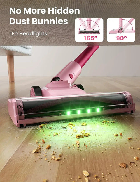 Cordless Stick Vacuum Cleaner With 50KPa Brushless Motor on hardwood floor with LED lights, beneath furniture, picking up debris and pet hair.