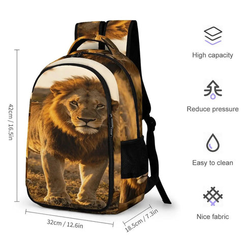 Dope Golden Hour Lion Printed Unisex Backpack With Large Capacity For School Travel And Everyday Carry Durable Polyester