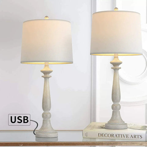 27.75 Inch USB Table Lamps Set of 2 With Built In Charging Ports, Vintage Resin Nightstand Lamps, White Fabric Shades