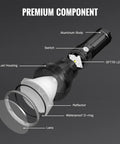 Exploded view of Catapult Pro SFT70 LED Flashlight components, including lens, reflector, and aluminum body, pocket-sized and waterproof.