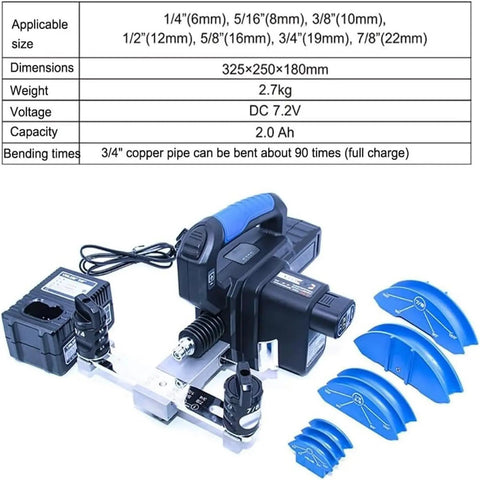 Pro Electric Copper Pipe Bender 1/4 To 7/8 Inch Rebar Tuber with cordless design showing tool and bending dies.