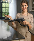 Woman using Heavy Duty Steam Cleaner Kit Packing One Thousand Fifty Watts Of Scalding Vapor For Forty Five Minutes Of No Sweat Scrubbing.